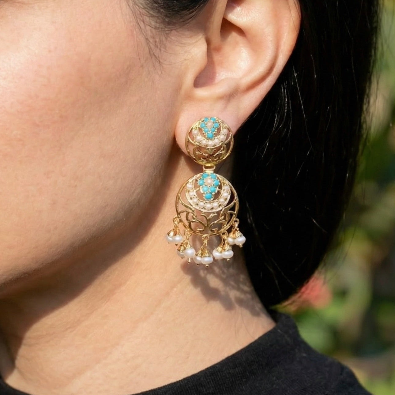 Small Turquoise Pearl Earrings for Girls on Silver | Premium Indian Fashion Jewelry Online ER 586