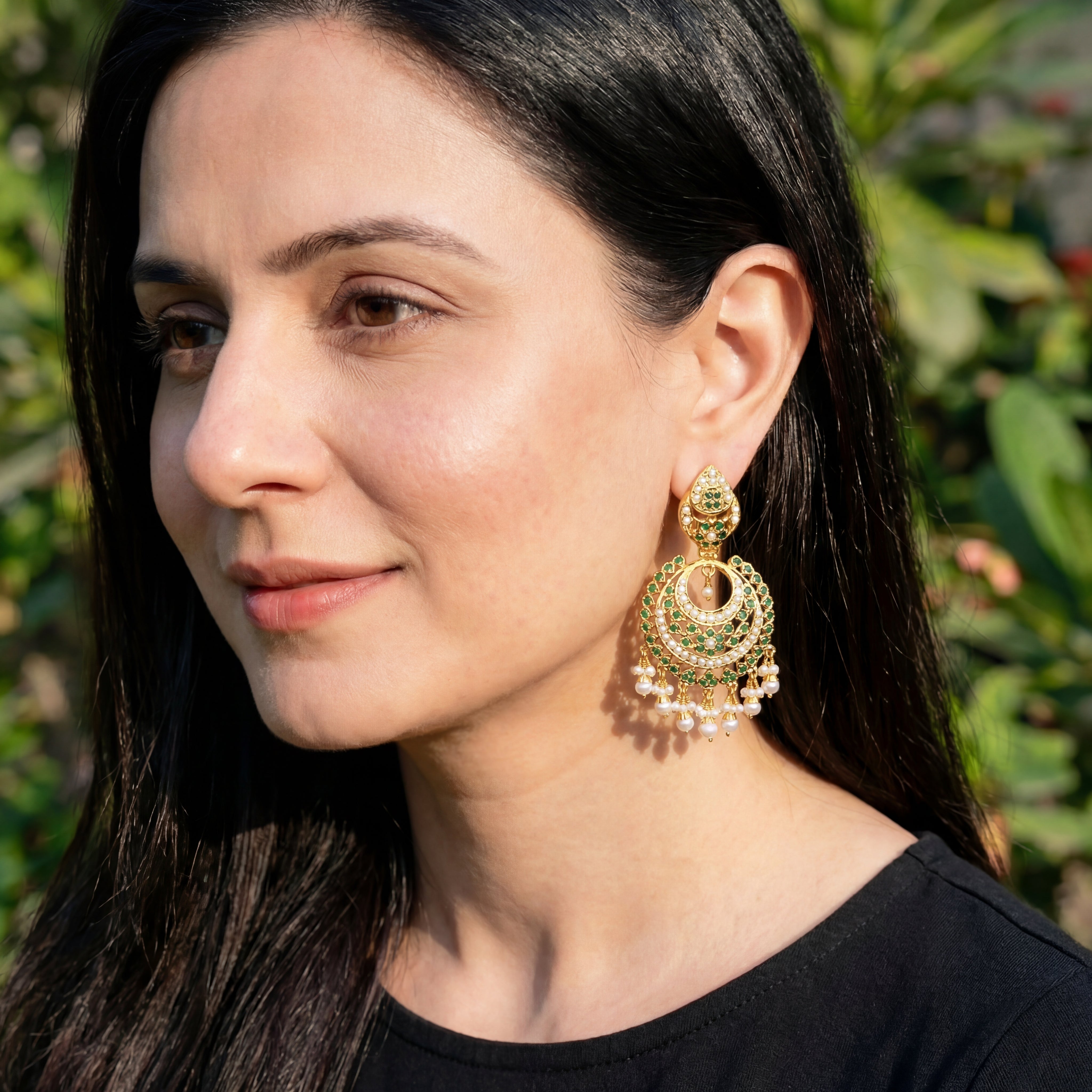 Gold Plated Indian Chandbali Earrings Online | Pearl & Emerald Green Combination ER 202