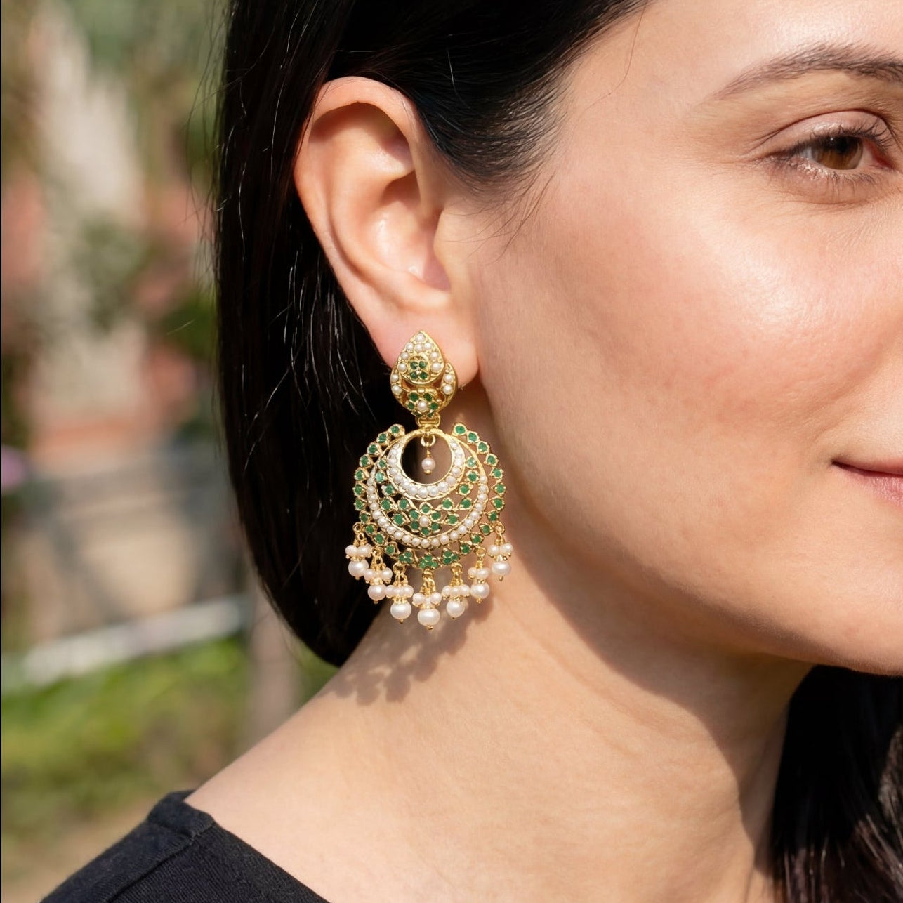 Gold Plated Indian Chandbali Earrings Online | Pearl & Emerald Green Combination ER 202