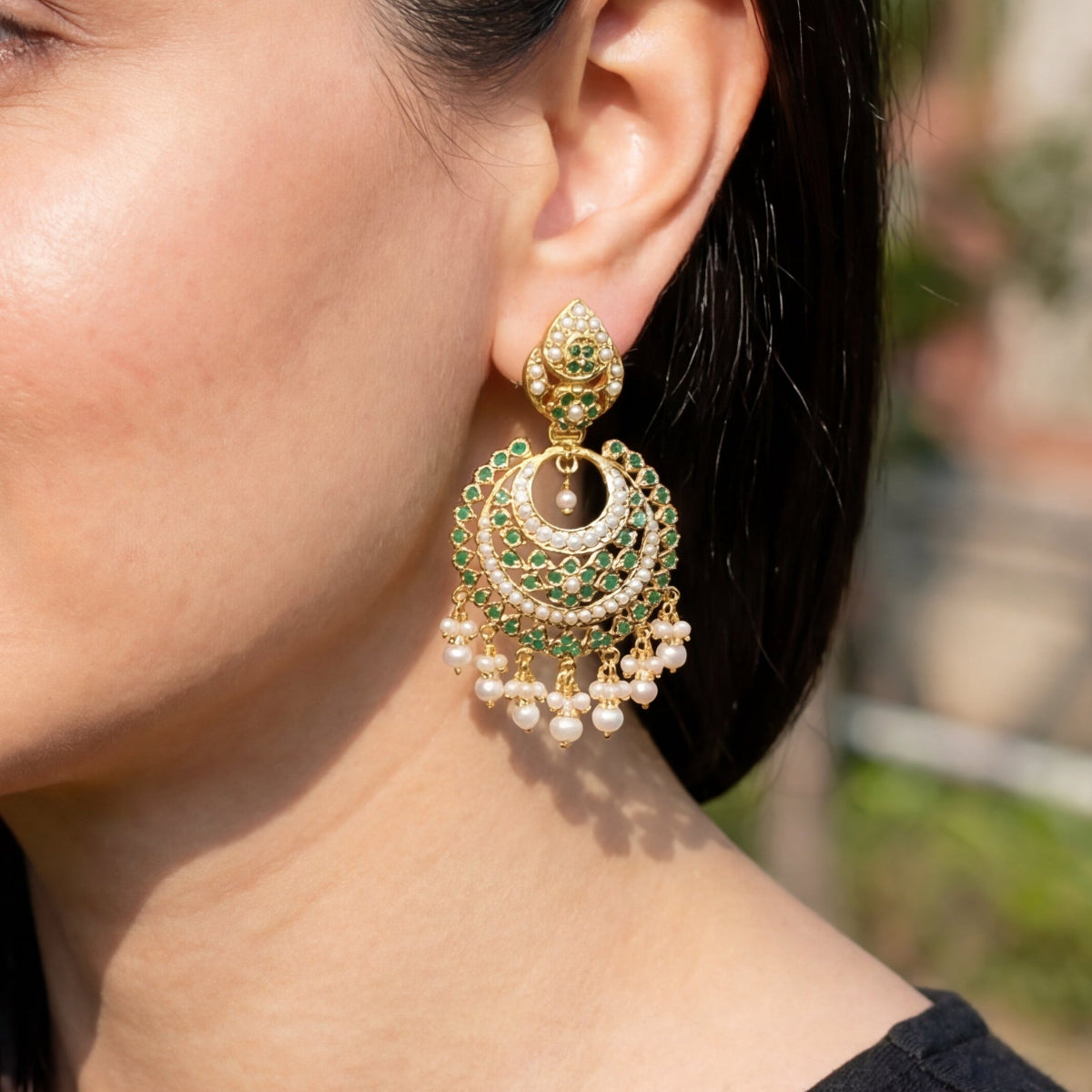 Gold Plated Indian Chandbali Earrings Online | Pearl & Emerald Green Combination ER 202