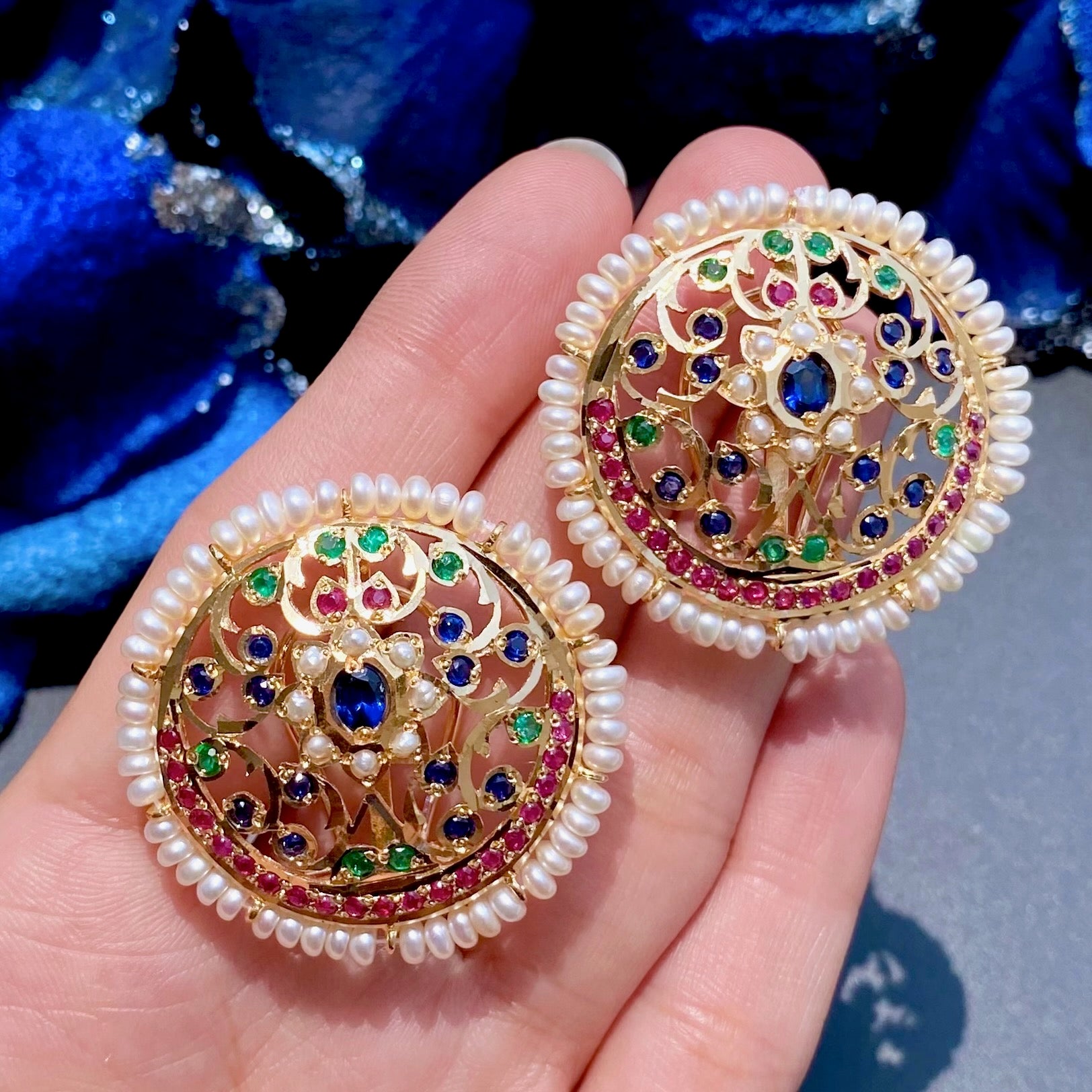 Exquisite Large Round Jadau Studs For Women | Gold Plated on Silver