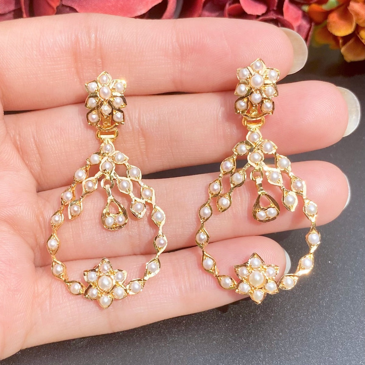 indian gold chandbalis studded with pearls