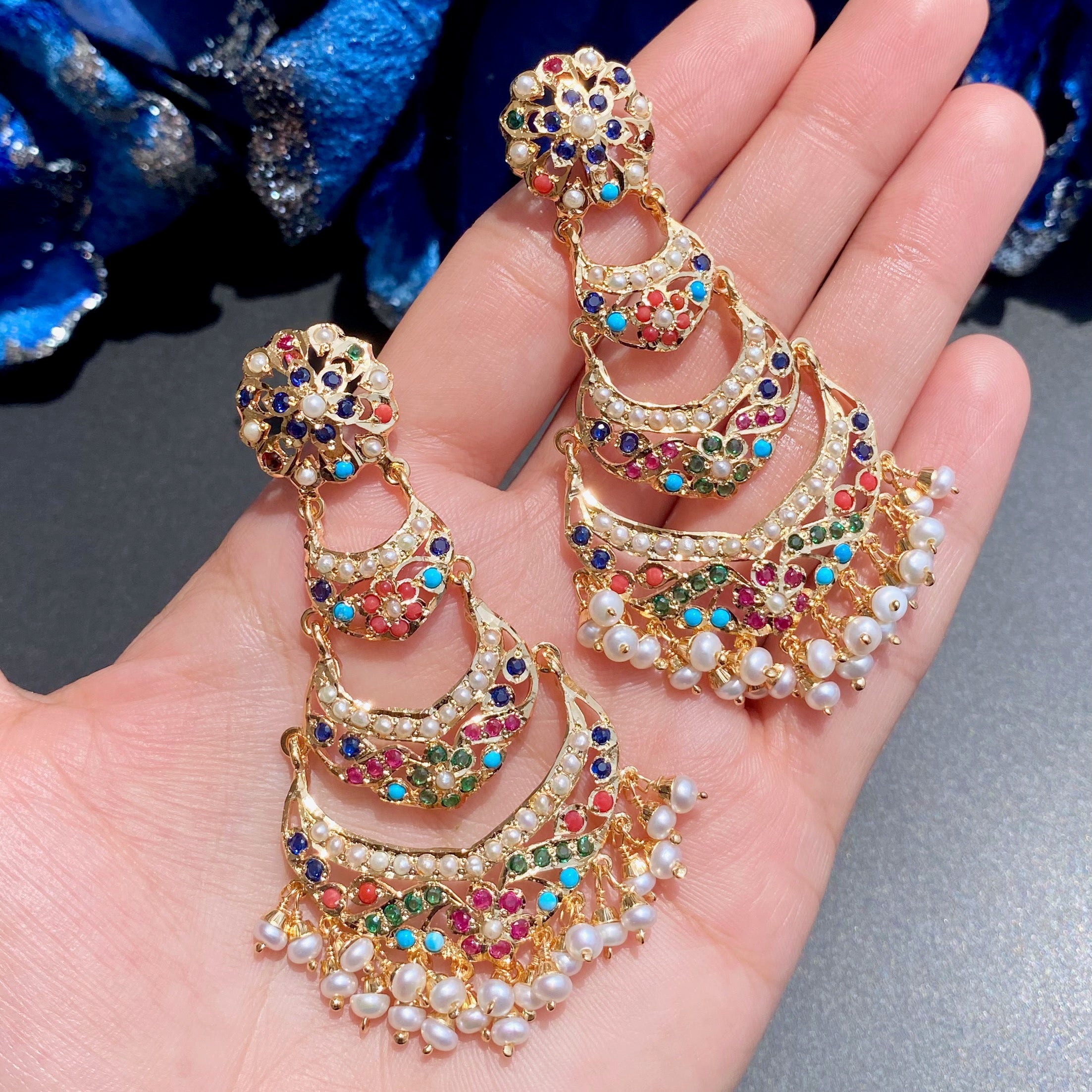 Long Navratna Earrings | Traditional Punjabi Jadau Jewelry | Gold Plated on Silver