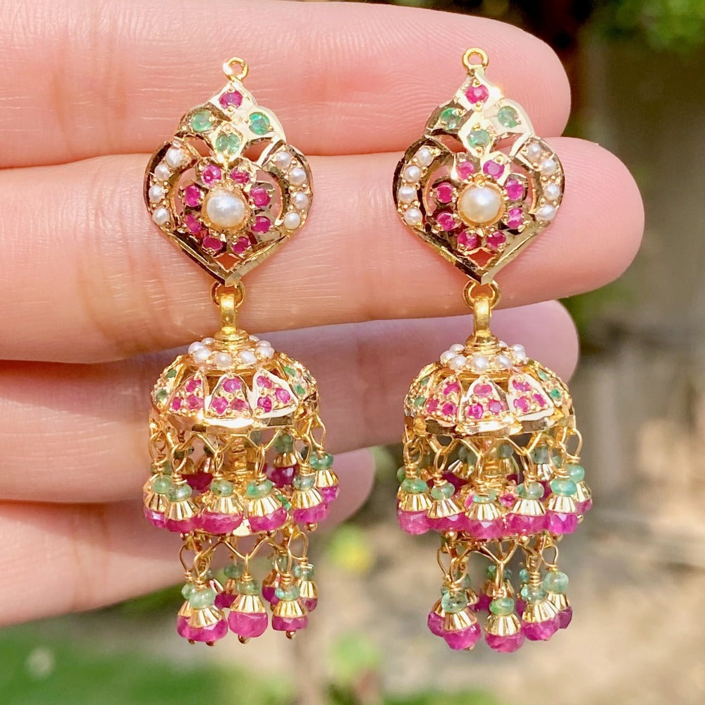 malabar gold double jhumka earrings studded with rubies emeralds and pearls on 22k gold