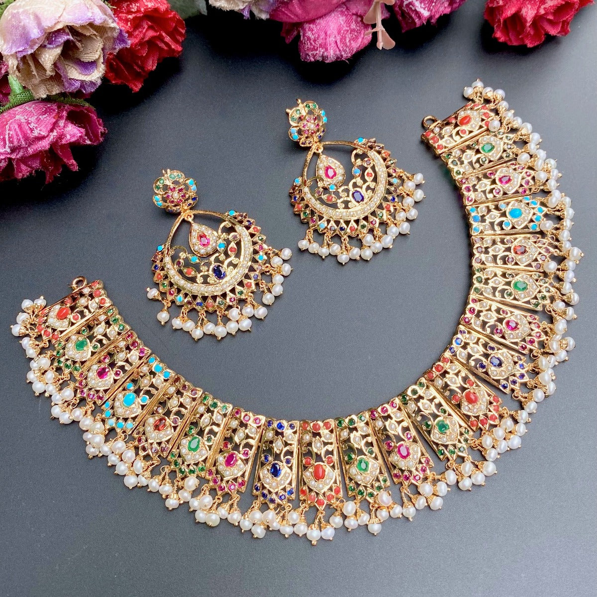 meermanka's bridal wear Navaratna necklace with chandbali earrings on gold plated silver