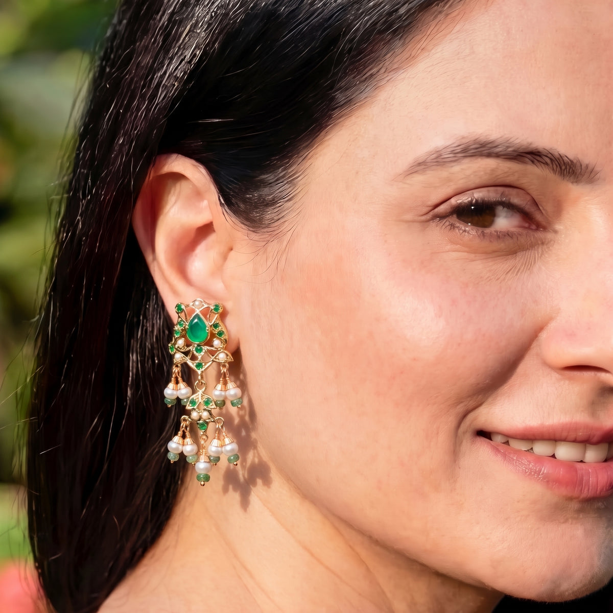 Emerald Green & Freshwater Pearl Studs | Gold Plated on Silver ER 591
