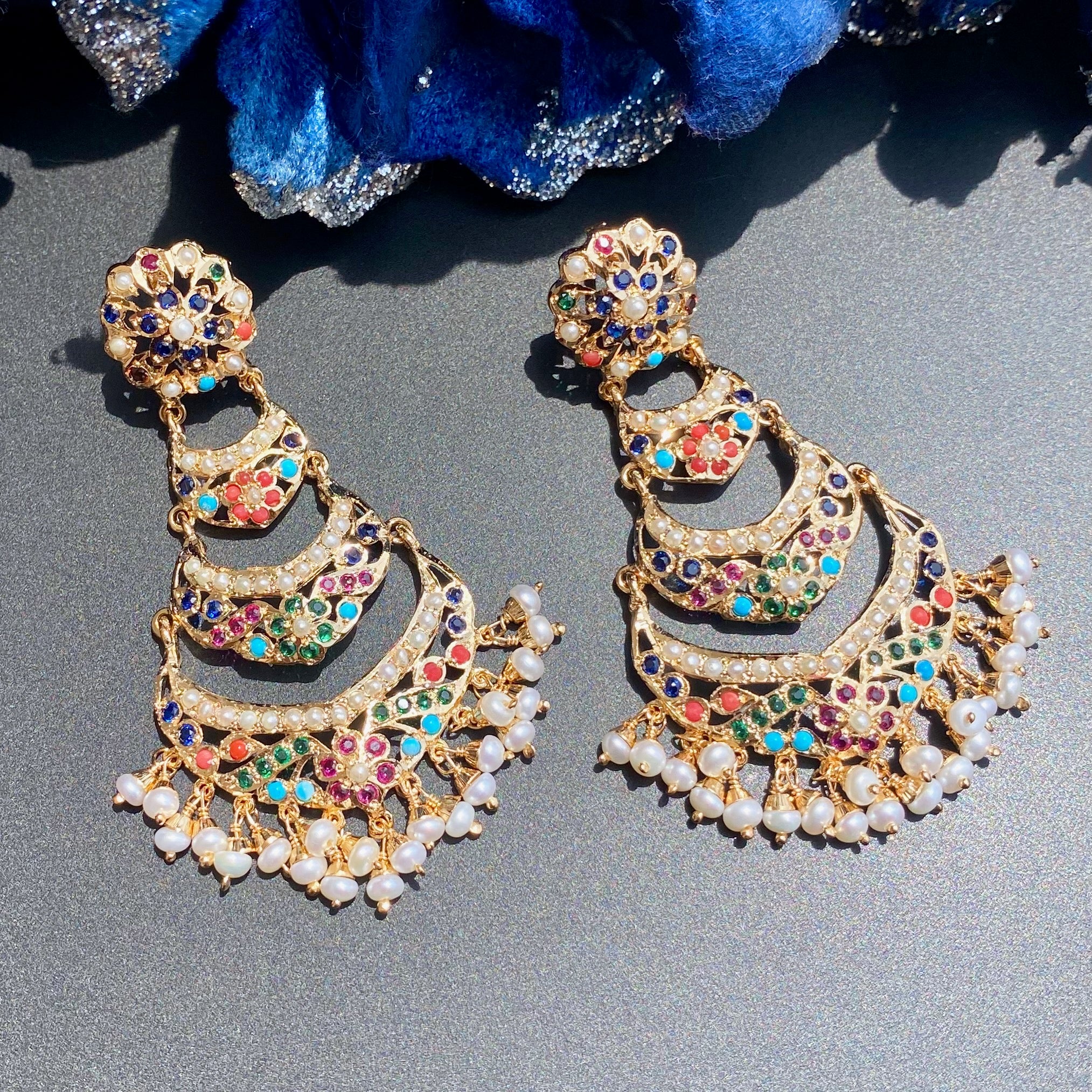 Long Navratna Earrings | Traditional Punjabi Jadau Jewelry | Gold Plated on Silver