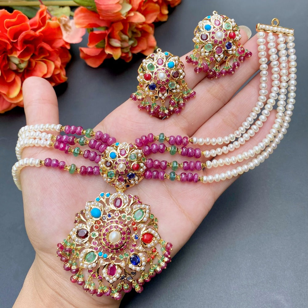 layered navratna necklace set in 22k gold from rudradhan jewellers