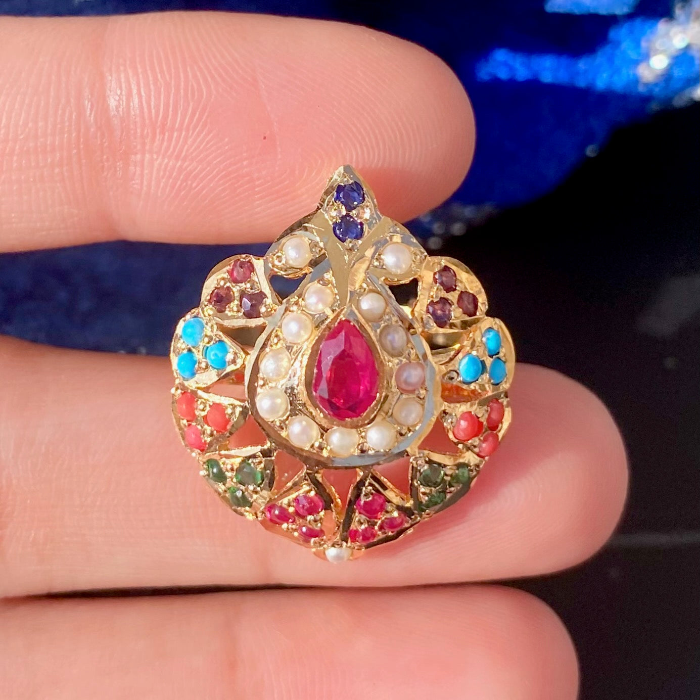 Gold Plated Navratan Ring | Sterling Silver | Handcrafted Cocktail Ring | LR 064