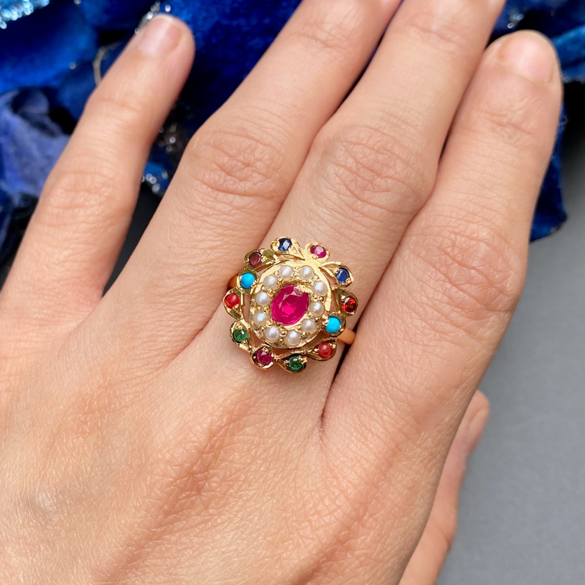 Gold Plated Navratna Ring on Silver | Gift Ideas in Jewelry LR 058