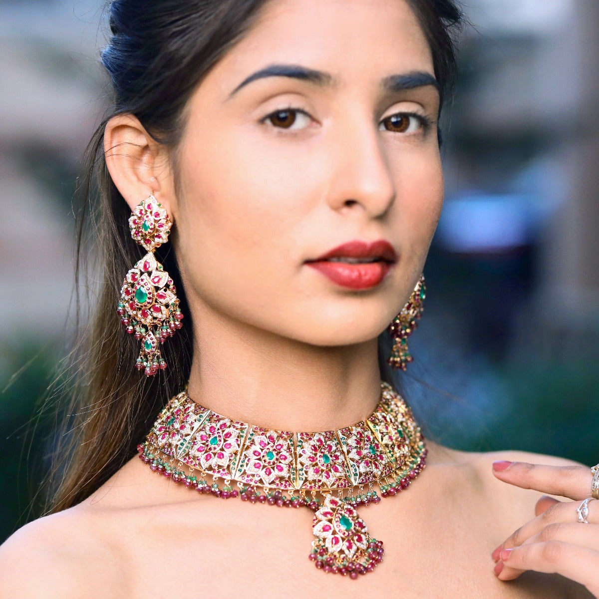Bridal Sadakari Jadau Necklace Set | Gold Plated Indian Guluband on Silver NS 023