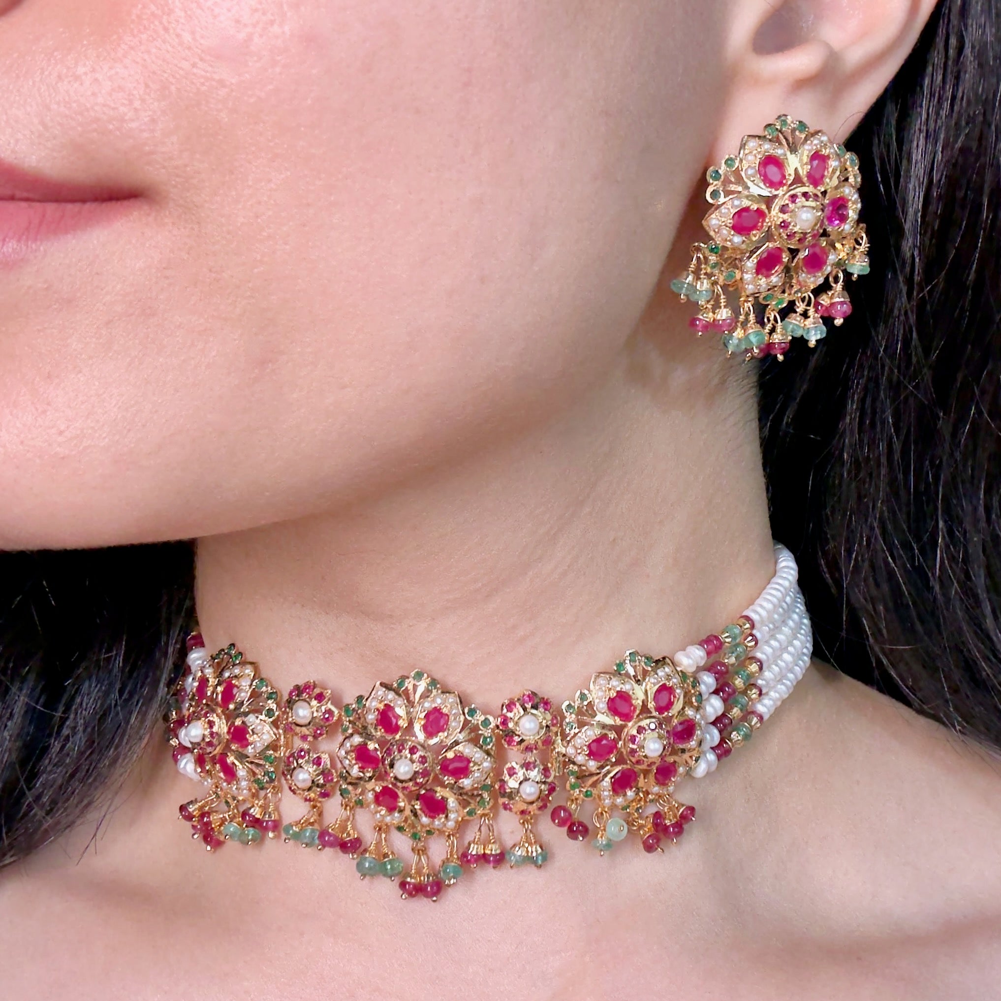 Exquisite Gold Plated Jadau Choker Set | Sterling Silver Base | Mix of Precious & Non Precious Stones