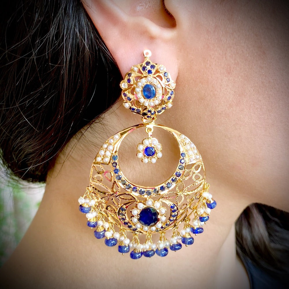 22k gold chandbali earrings with blue sapphires and pearls