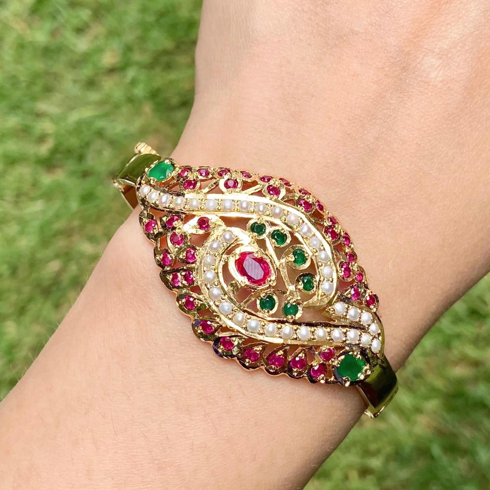 Ruby Emerald Bracelet on Silver | Traditional Indian Jadau Craft BG 127