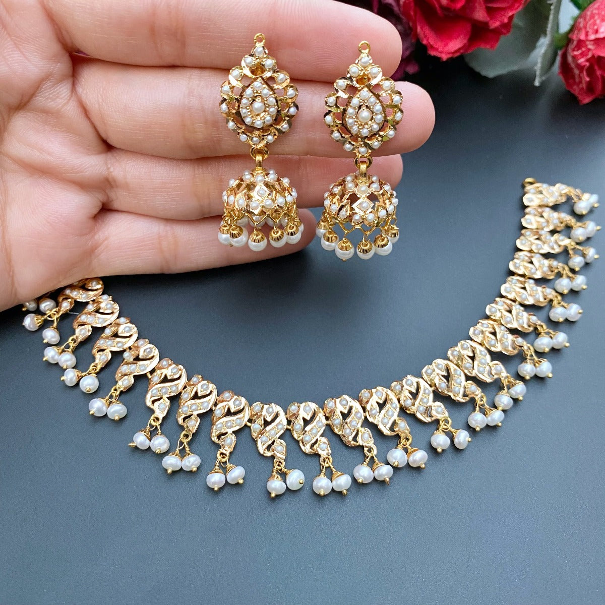 pearl necklace and jhumka set under 3 tola