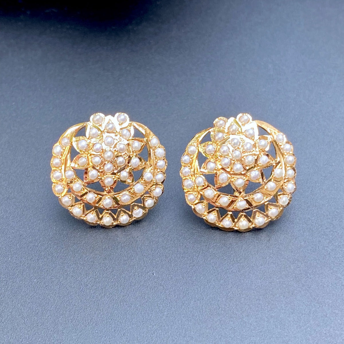 round pearl tops in 22k gold studded with pearls