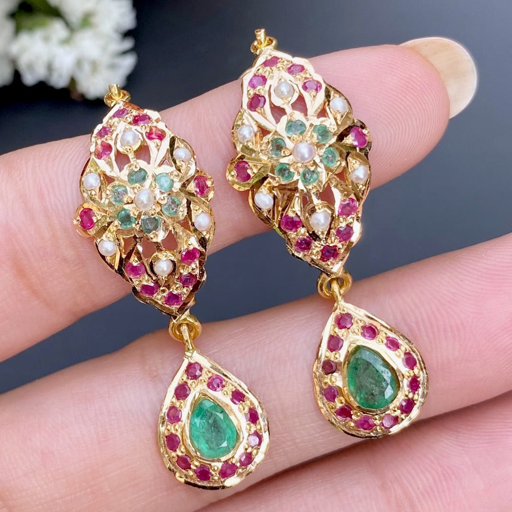 22k gold dandi earrings with ruby emerald pearls