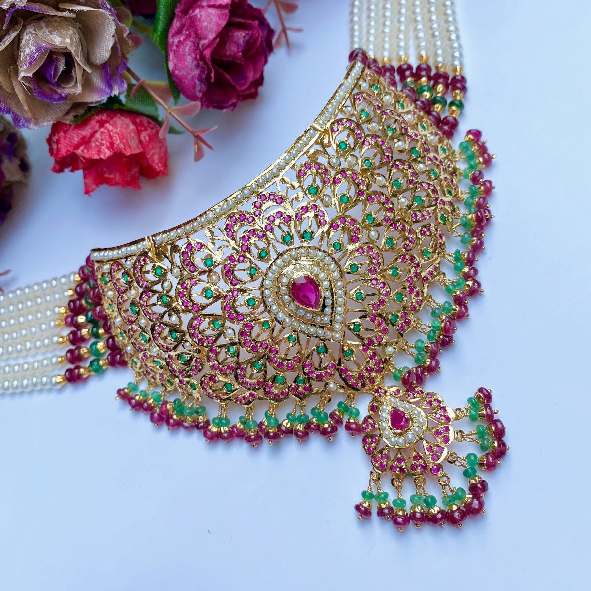 gold plated punjabi jadau choker on silver base