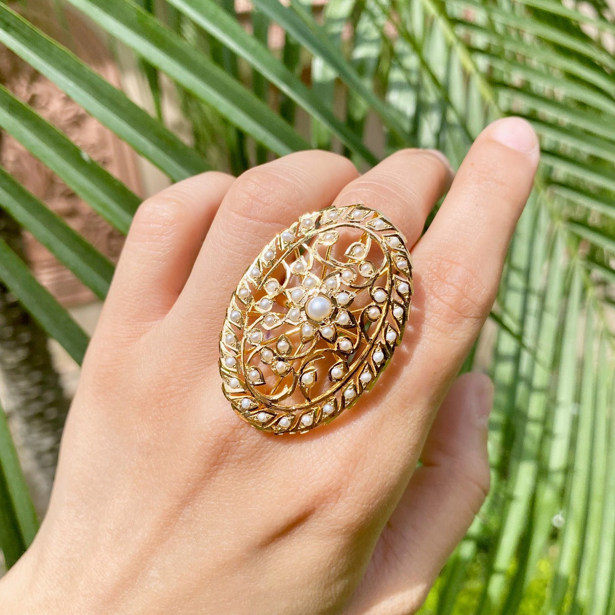 indian pearl cocktail ring in gold