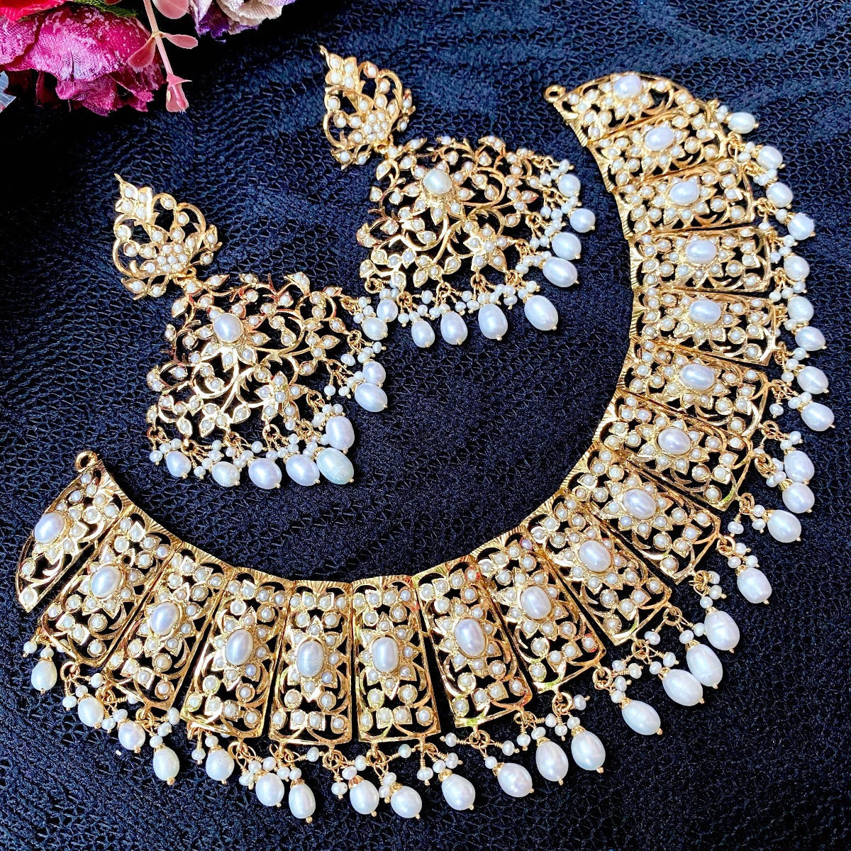 pure silver pearl necklace set from india