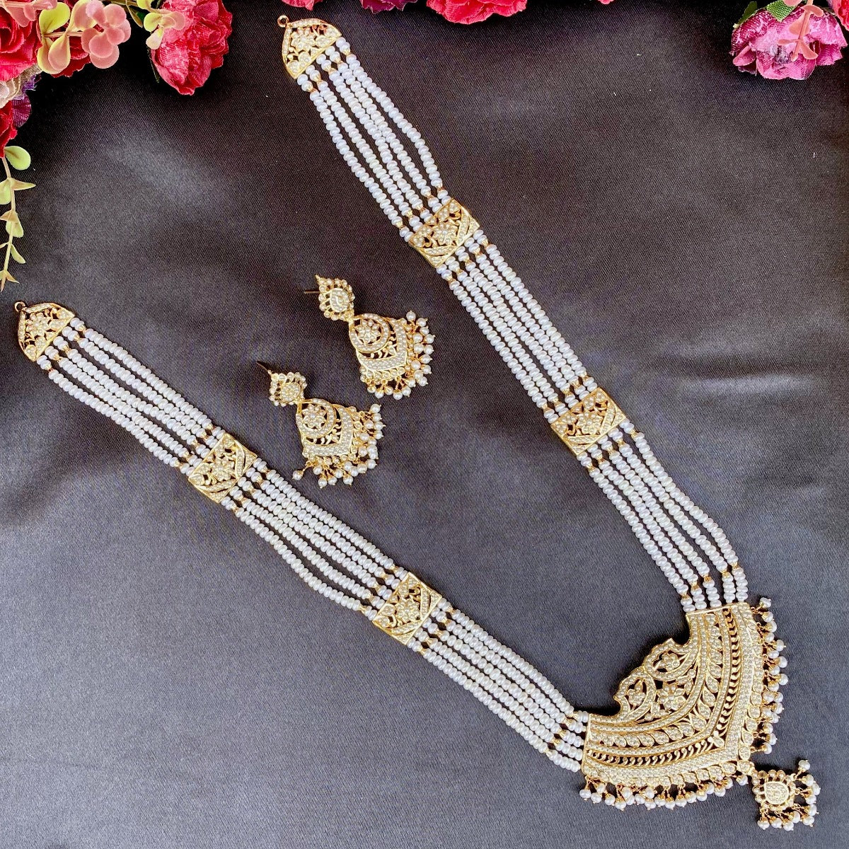 gold plated traditional rani haar design with real pearls