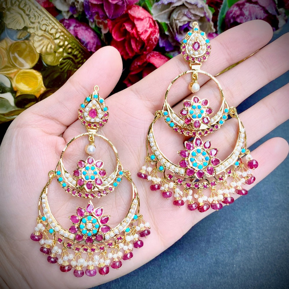 gold chandbali earrings for women with rubies turquoises and pearls