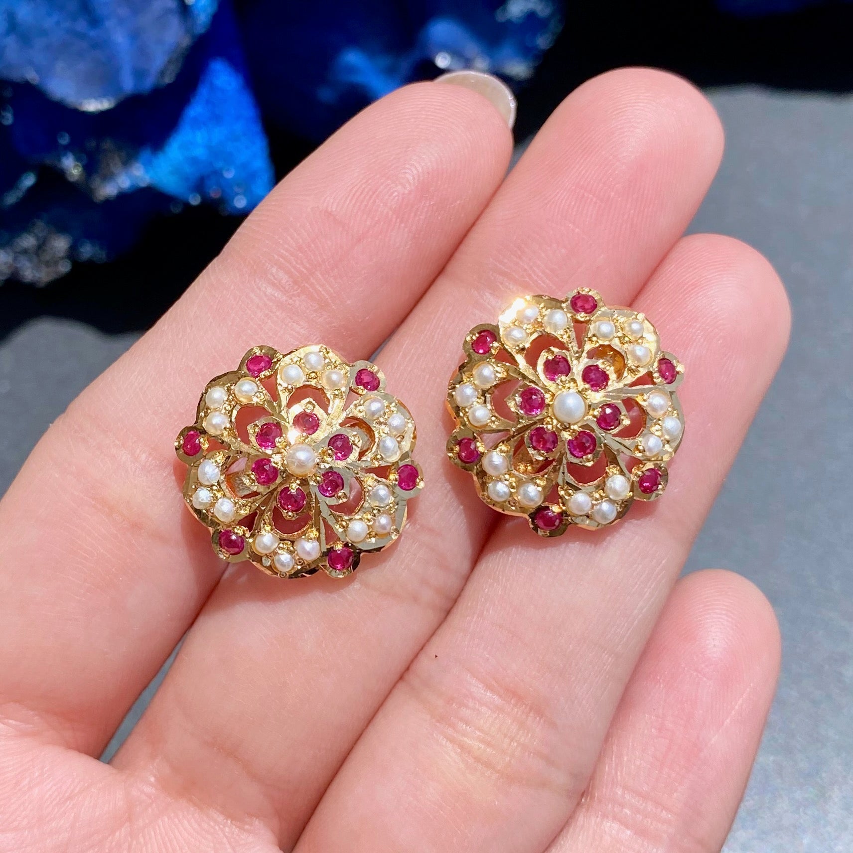 Intricate Jadau Tops on Silver | Ruby Pearl Combination | Premium Handmade Indian Jewelry ER 582