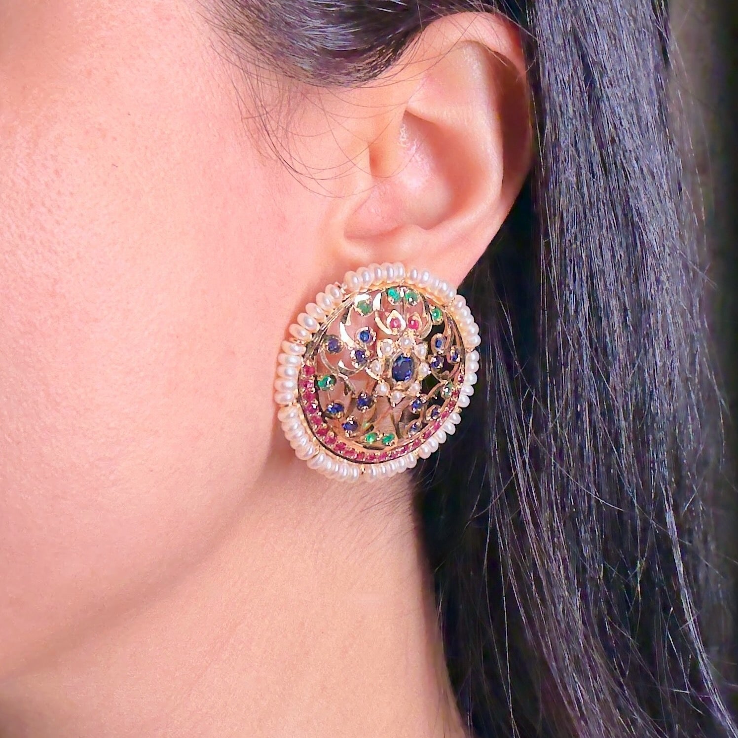 Exquisite Large Round Jadau Studs For Women on Silver ER 553