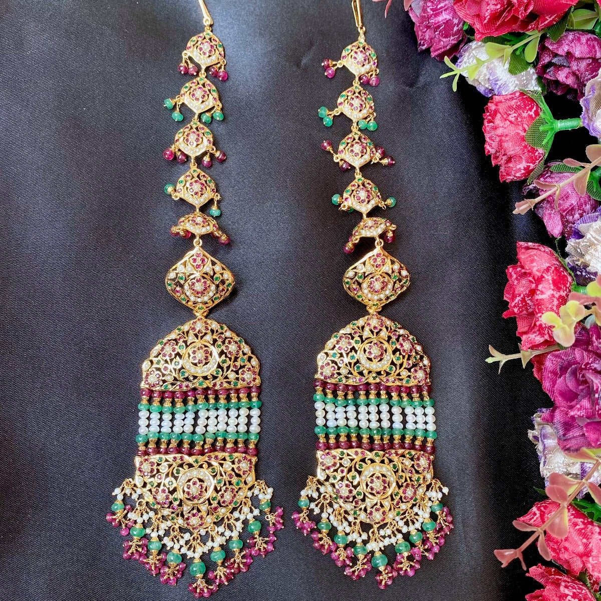 bridal indian jhommer earrings in 22k gold studded with pearls rubies and emeralds