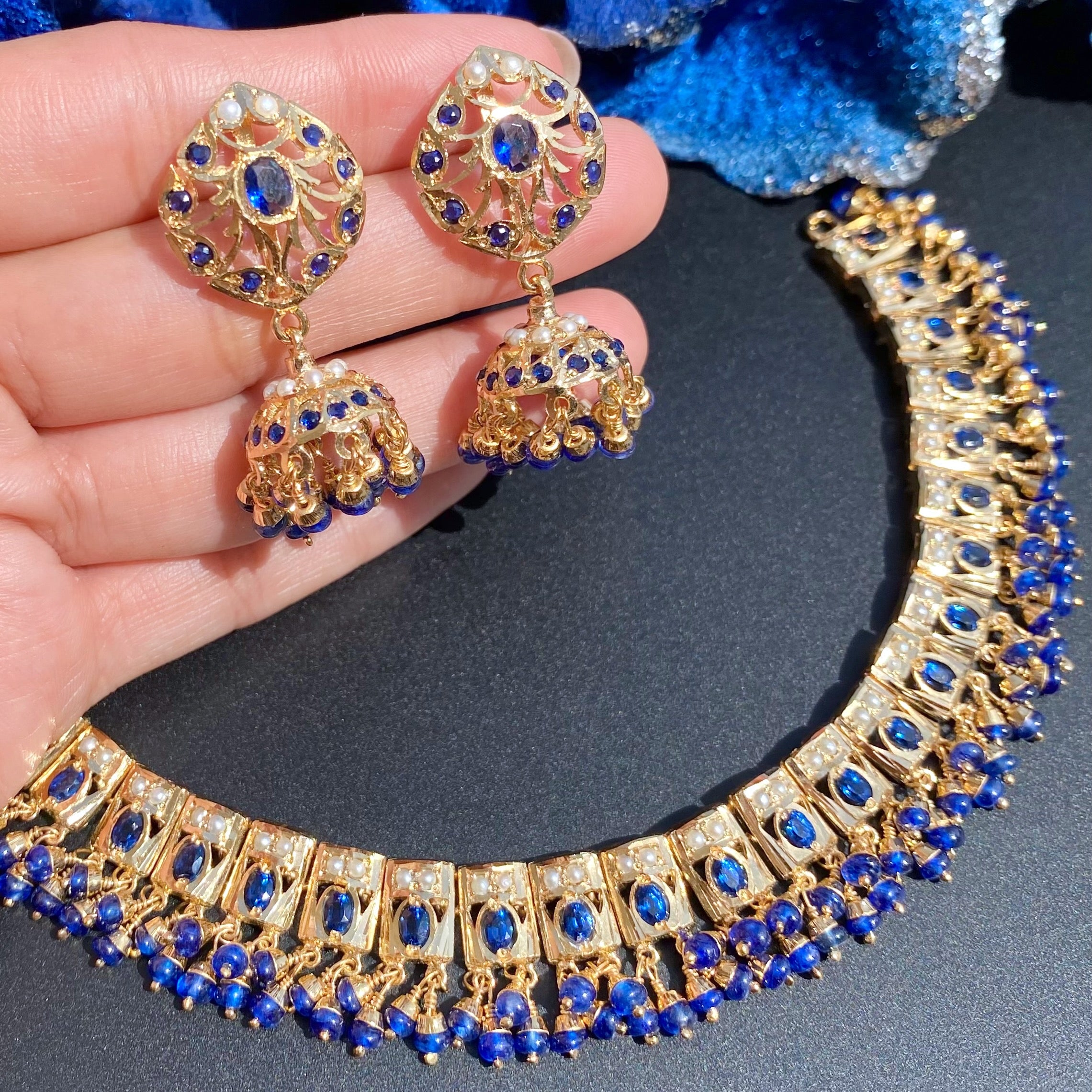 Simple Elegant Jadau Necklace With Jhumka | Gold Plated on Silver | Blue Sapphire & Pearls