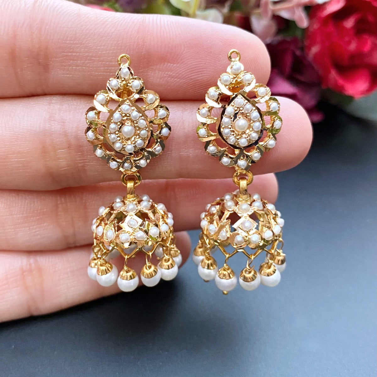 1 tola gold jhumki studded with pearls