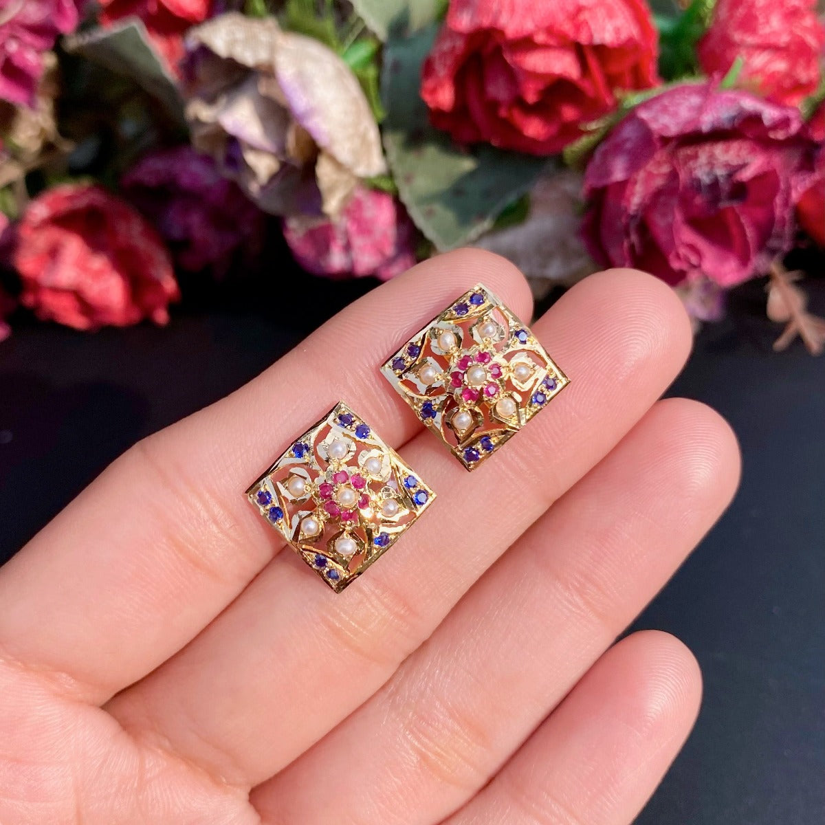 small square shaped stud earrings for women on 22k gold