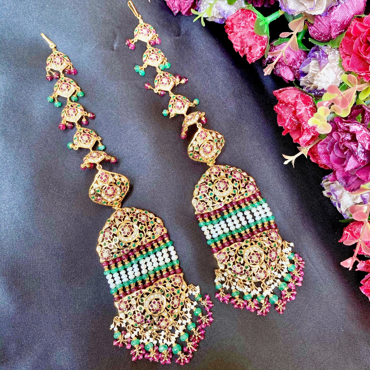 jhummer style gold earrings with precious ruby emerald pearls