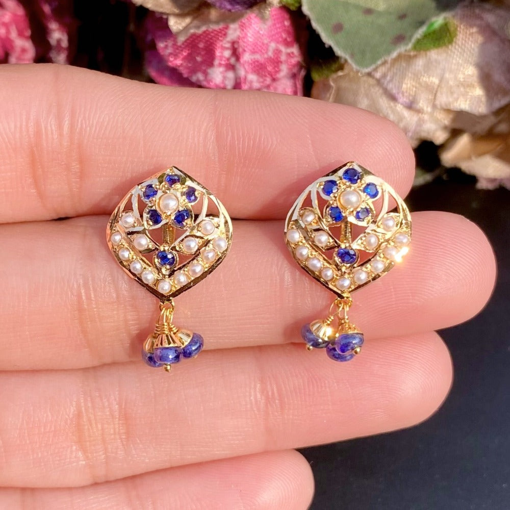 22k gold small jadau studs in neelam and moti