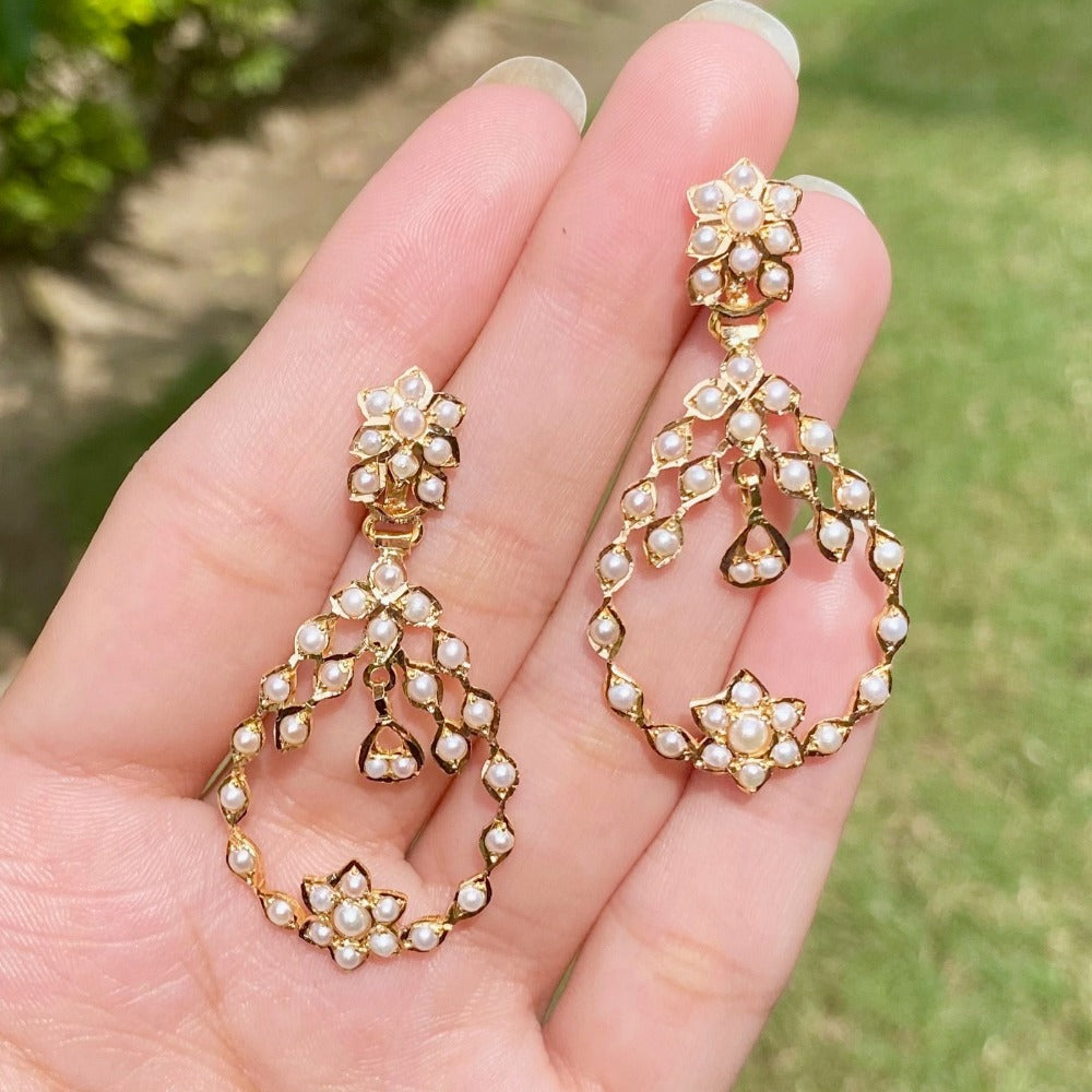 indo western pearl dangler earrings in gold