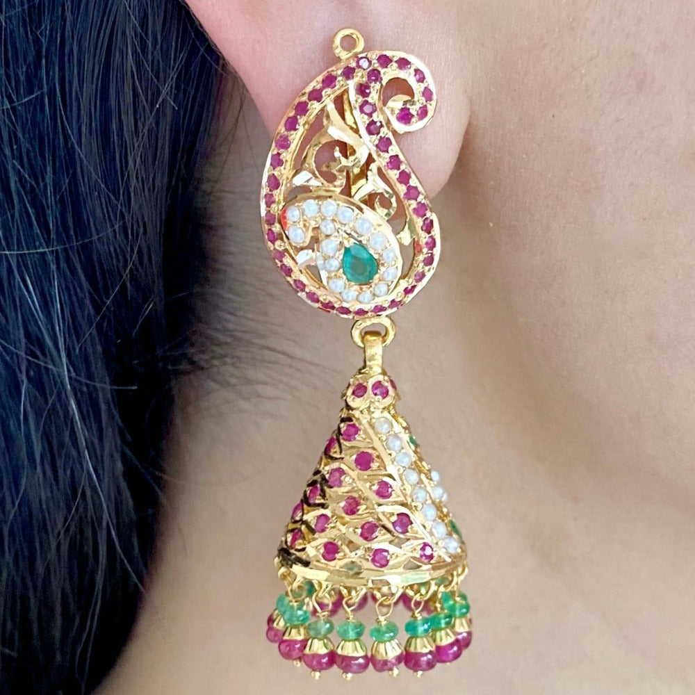 gold jhumka earrings with ruby emerald and pearls