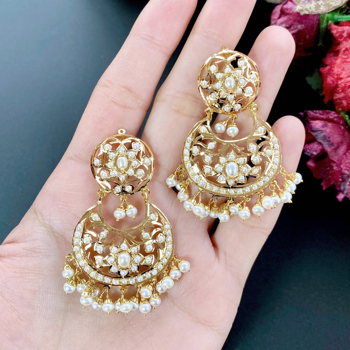 tanishq pearl chandbali earrings