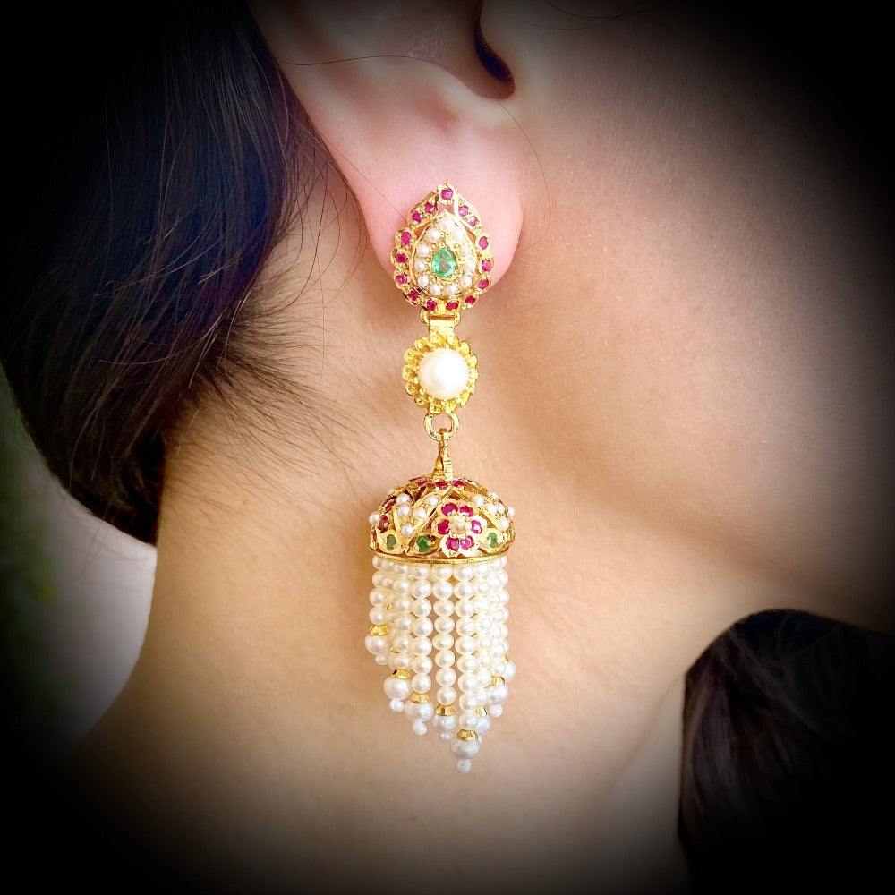 gold jhumka with pearl strings