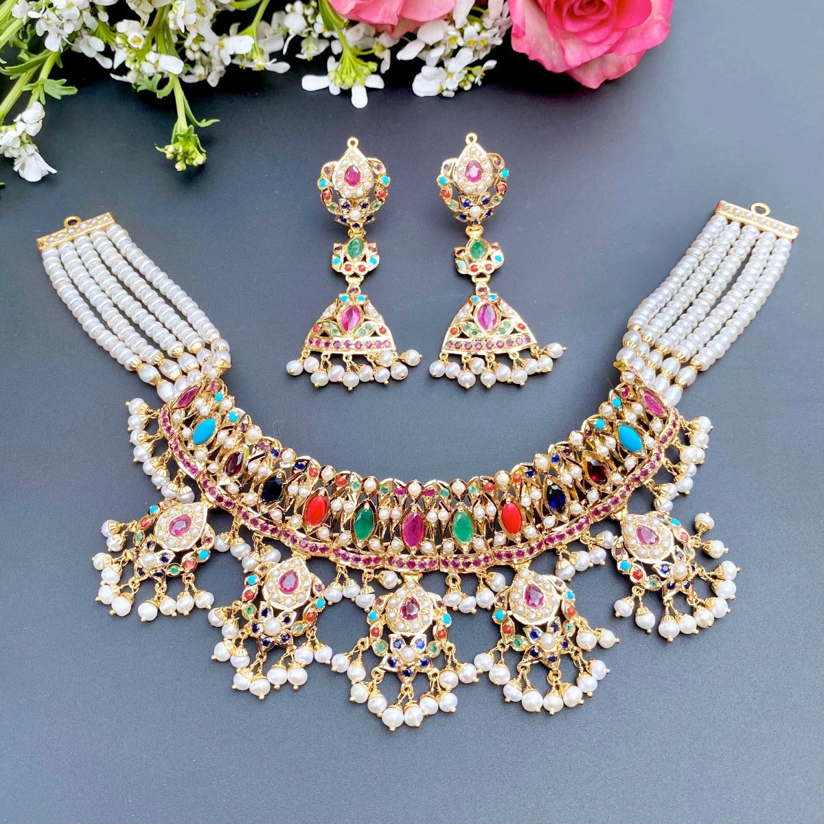 bridal wear indian choker set with navaratna stones to match with lehenga