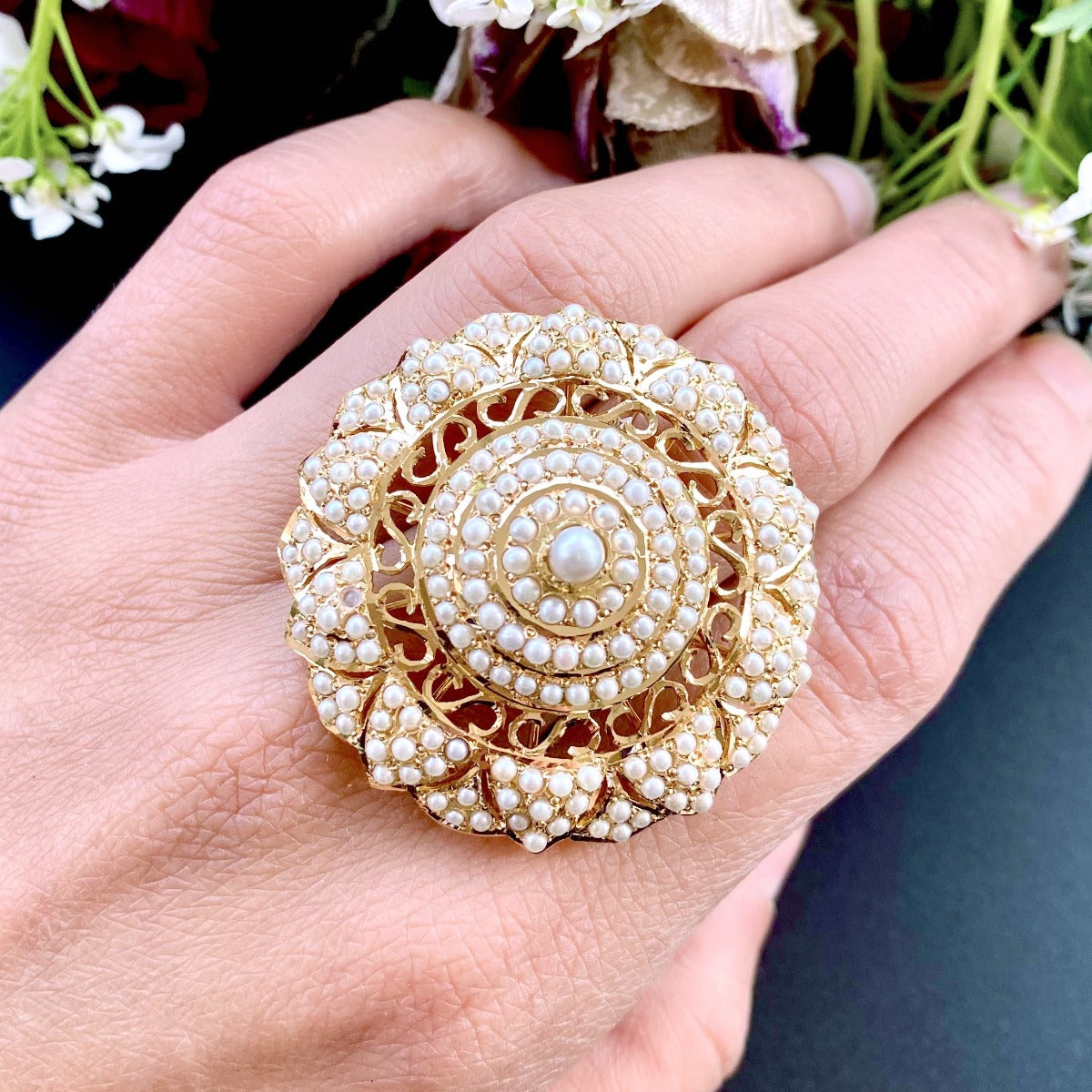 pearl cocktail ring for women on 22k gold