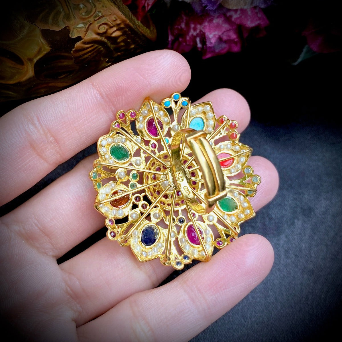 indian gold ring in navratna colors