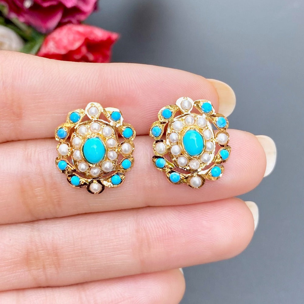 pearl and turquoise studs on 22k gold