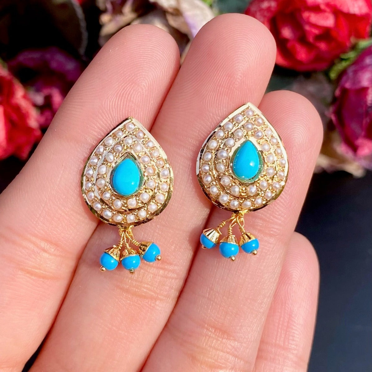 indian gold stud earrings with real pearls and turquoise