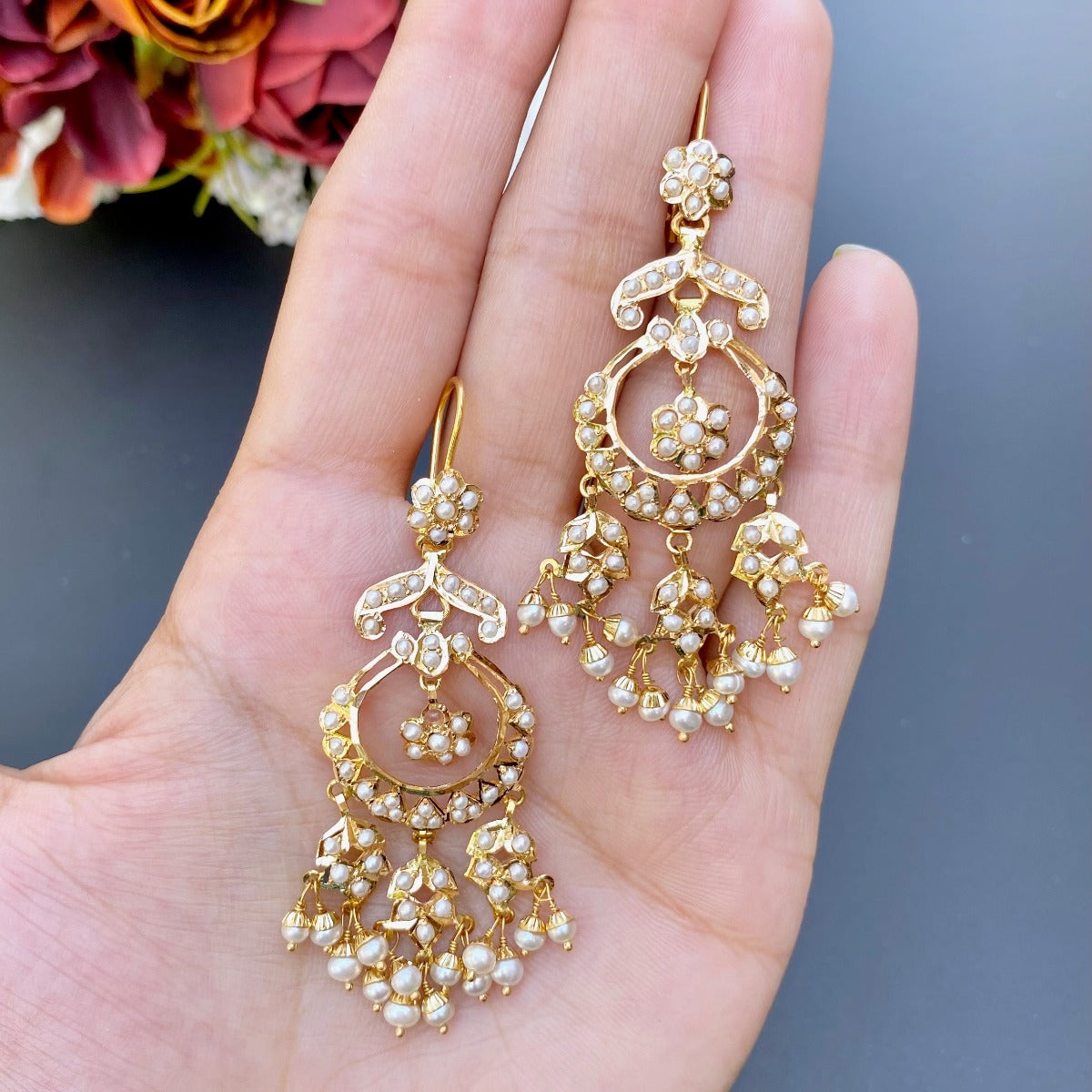 22k gold jadau chandbalis embelished with real freshwater pearls