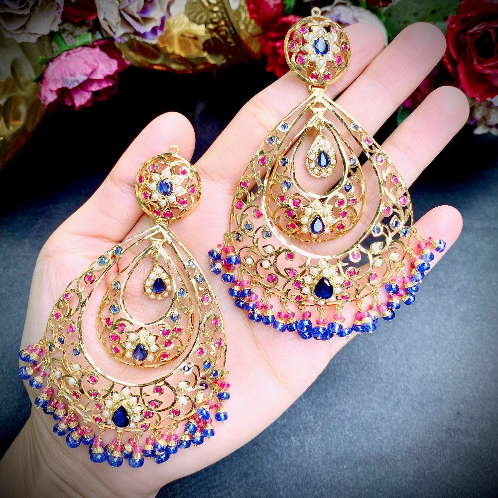 big gold chandbali earrings studded with ruby and blue sapphires online