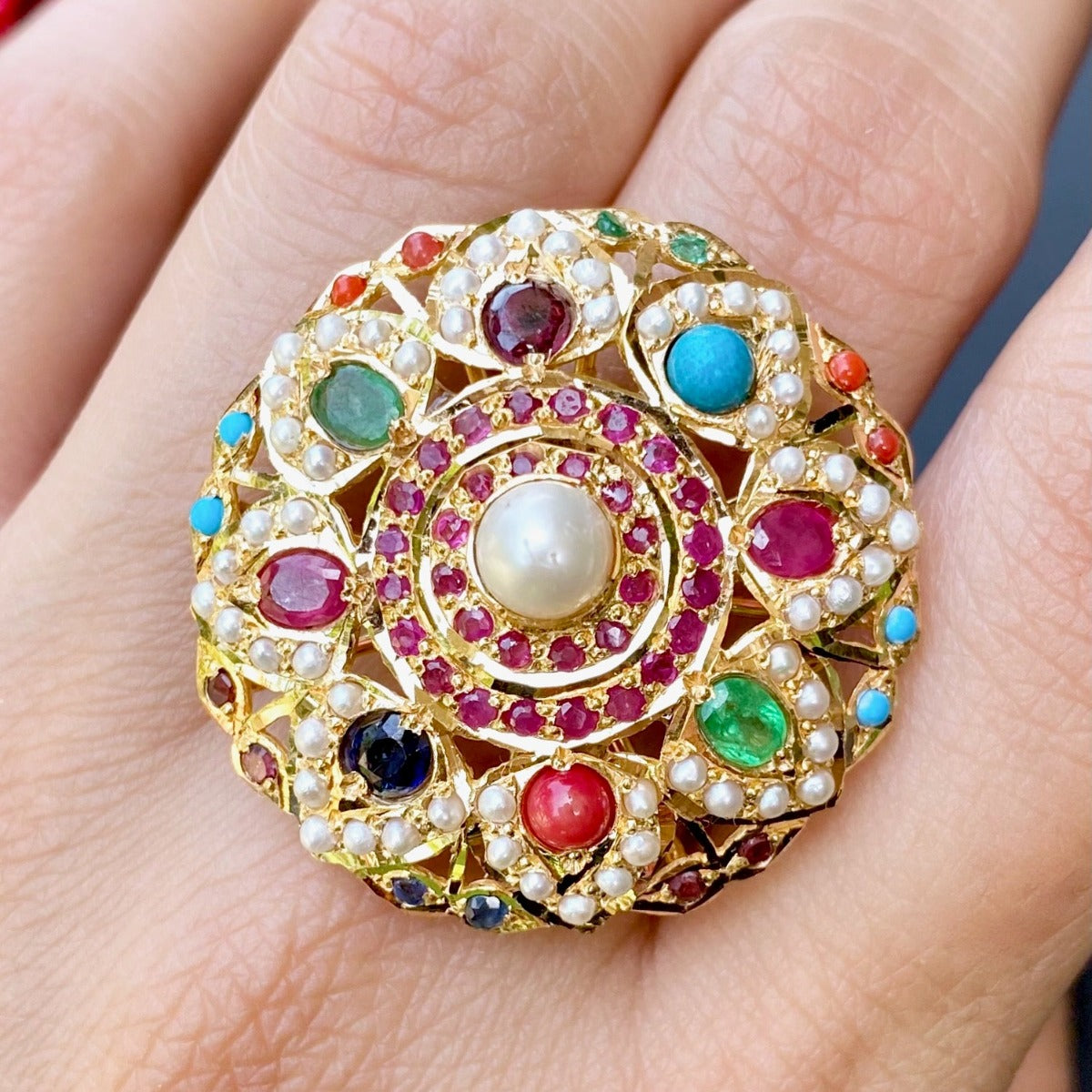 Peerless Gold Navratna Ring | 22K Gold Ring For Women