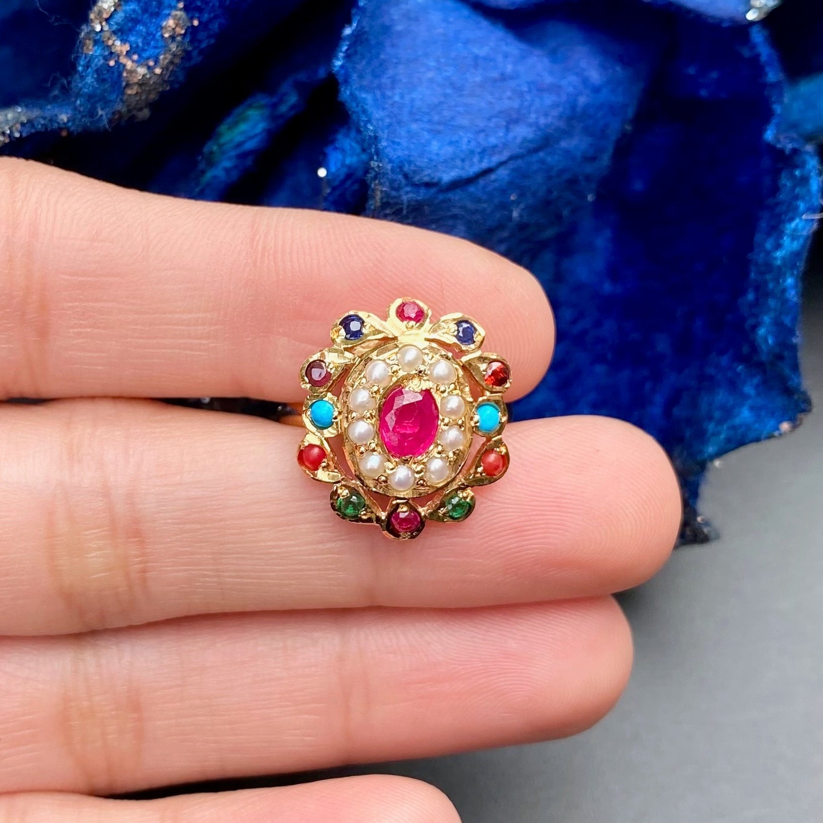 Gold Plated Navratna Ring on Silver | Gift Ideas in Jewelry LR 058